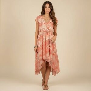Sundance Avonlea Silk High-Low Dress 4 Coral Floral Cap Sleeve Graduation Day